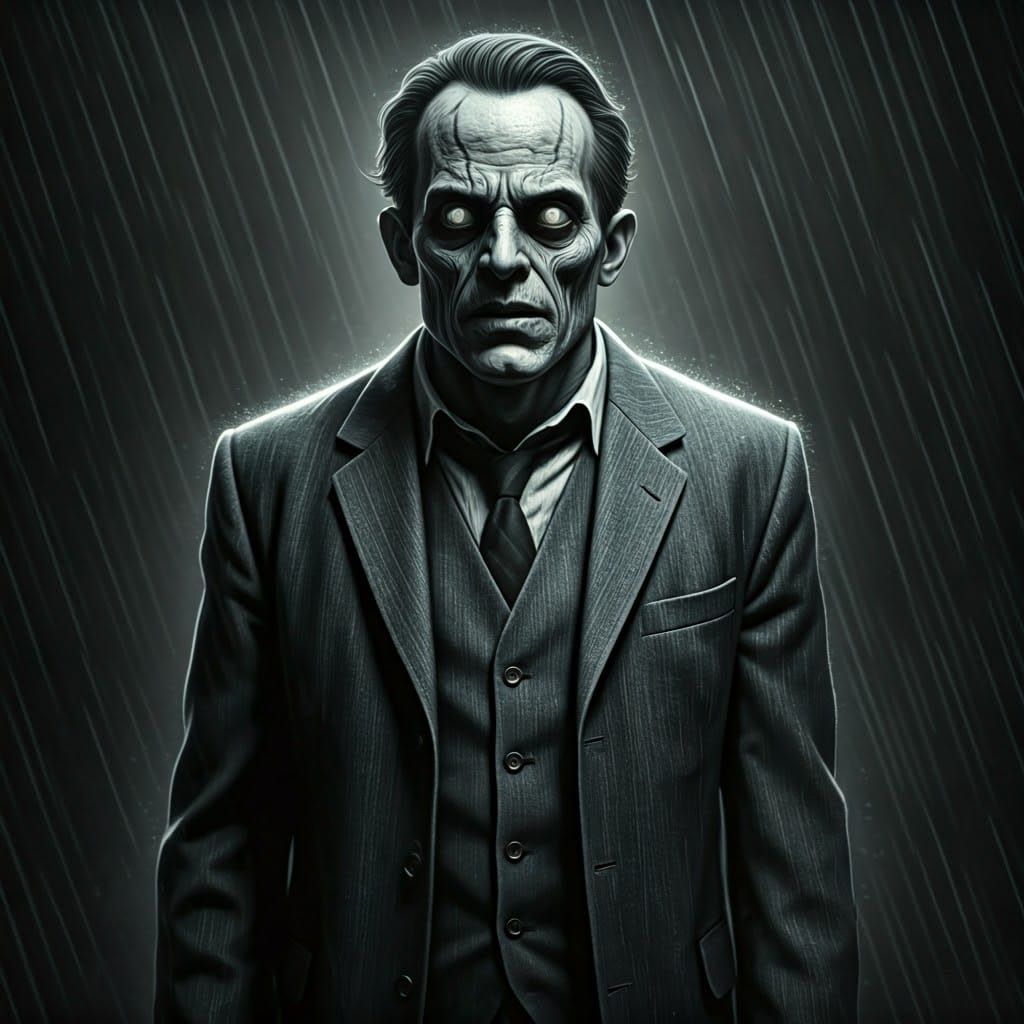 Madness Consumes a Man in Noir-Style Horror Scene