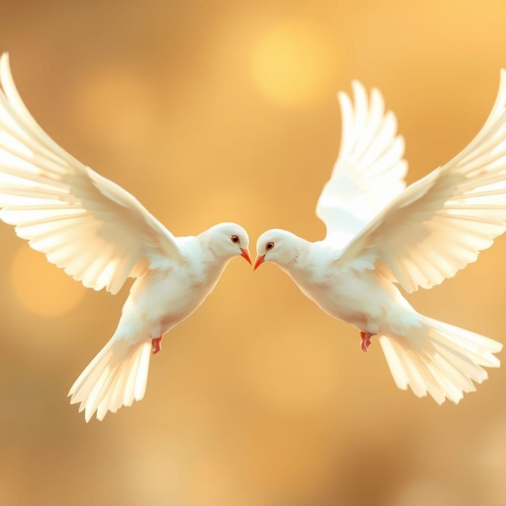 Two Doves Form a Heart in Soft, Golden Light