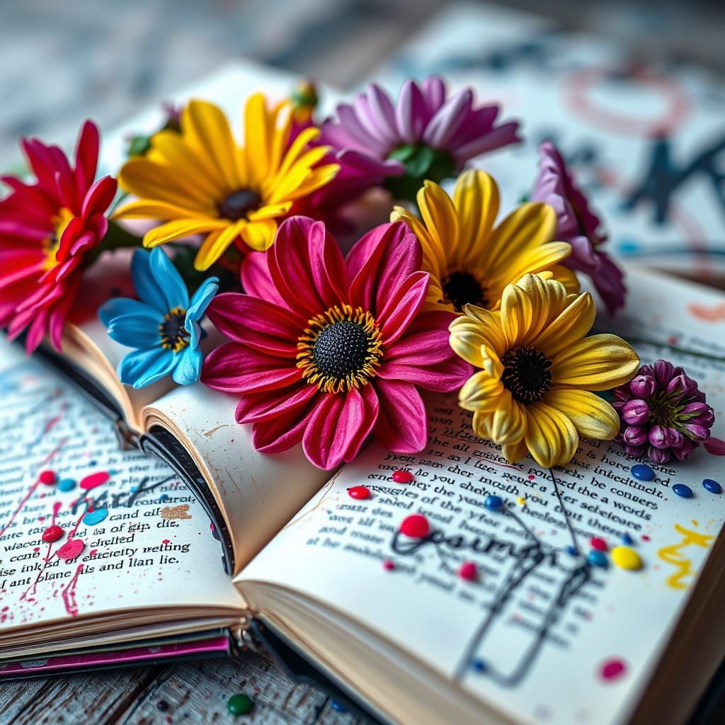 Colorful Flowers on Book in Graffiti Art Style