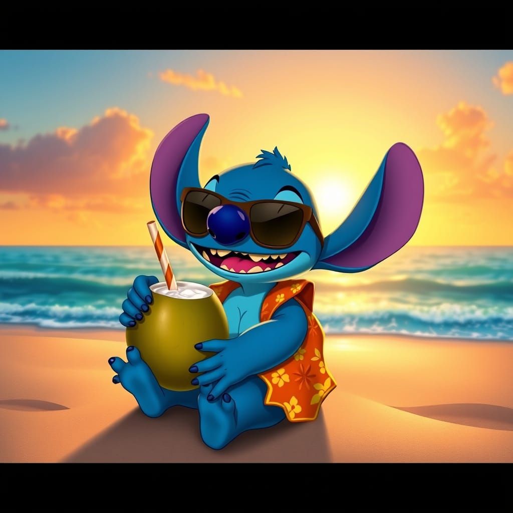 Stitch Enjoying a Tropical Sunset with Coconut Drink