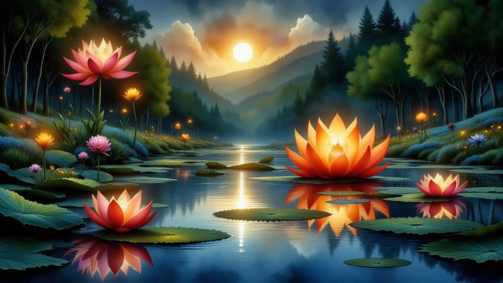 Twilight Pond with Lotus Flowers in Hyperrealism