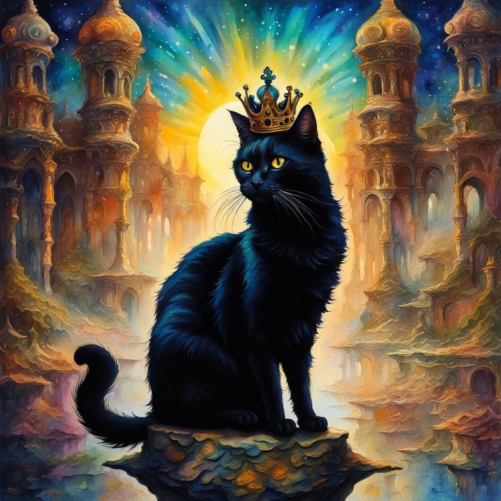 Regal Black Cat with Crown in Watercolor Style