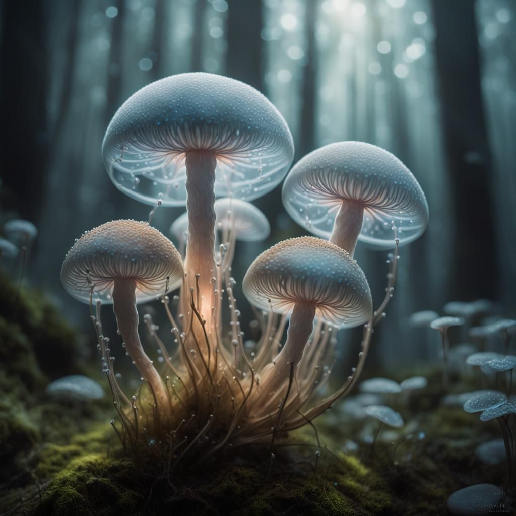 Bioluminescent Spores in Misty Forest: Hyperrealistic Fantas...
