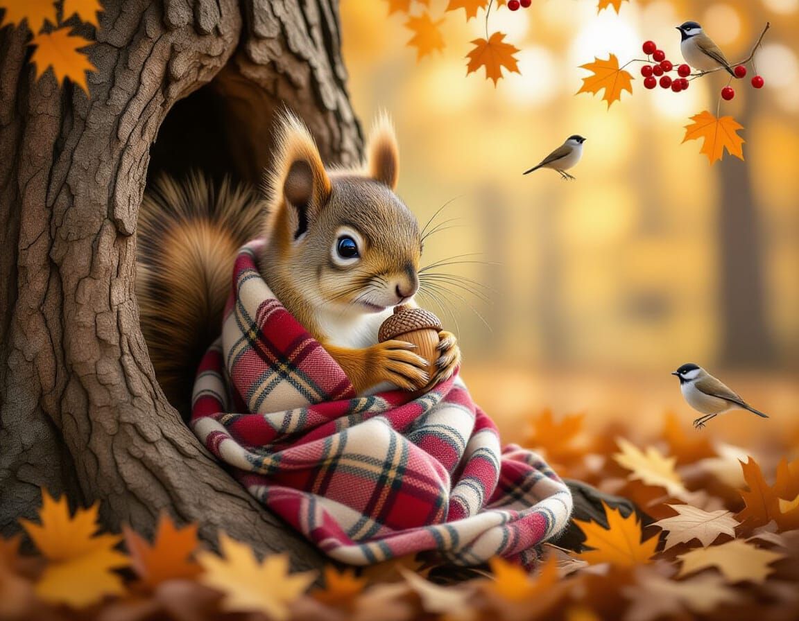 Cute Baby Squirrel in Plaid Blanket in Autumn Oak Tree