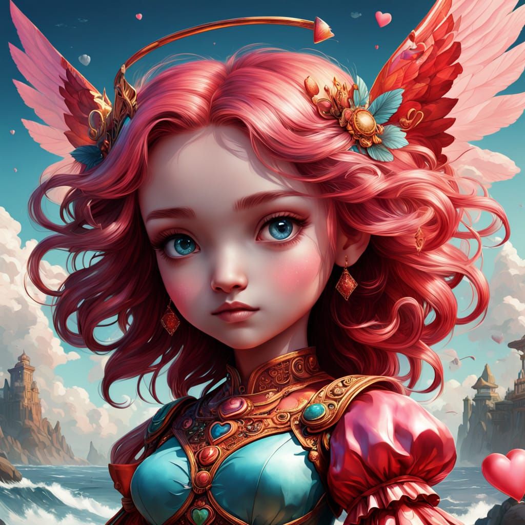 Vibrant Chibified Cupids in Whimsical Cloud Sky with Hearts