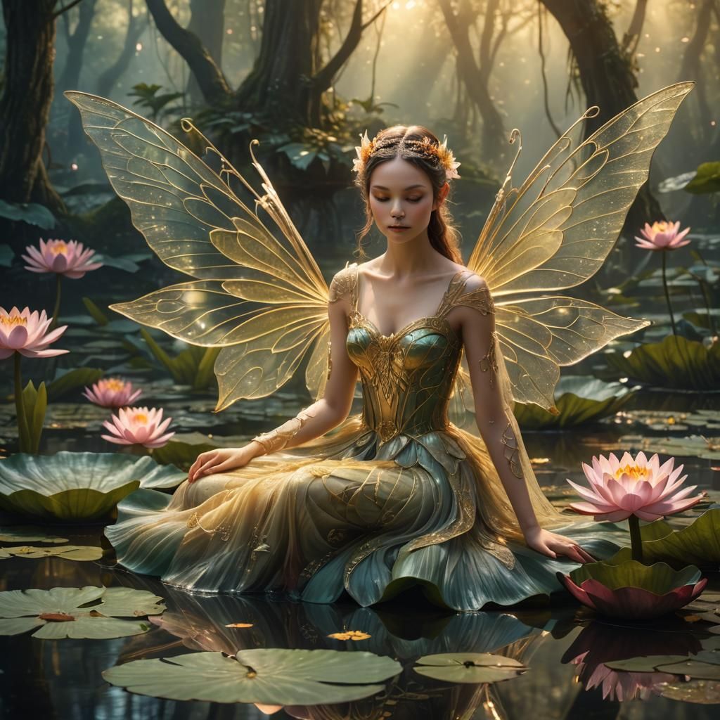 Fairy on Water Lily in Misty Forest