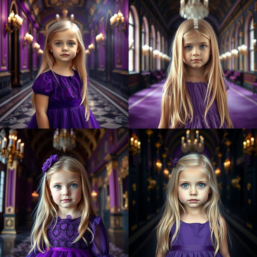 A Young Girl in Elegant Regalia Against a Royal Throne Room...