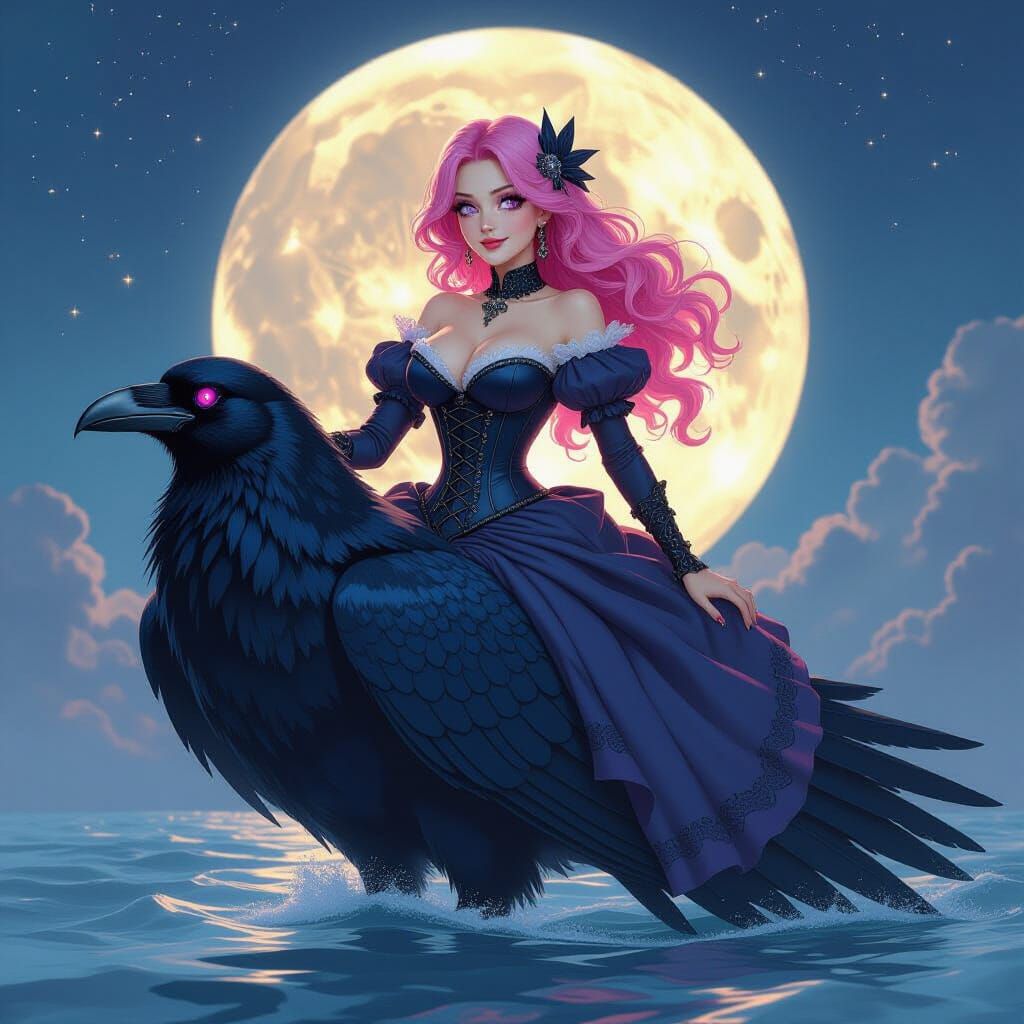 Pink Haired Woman Rides Giant Raven in Moonlight