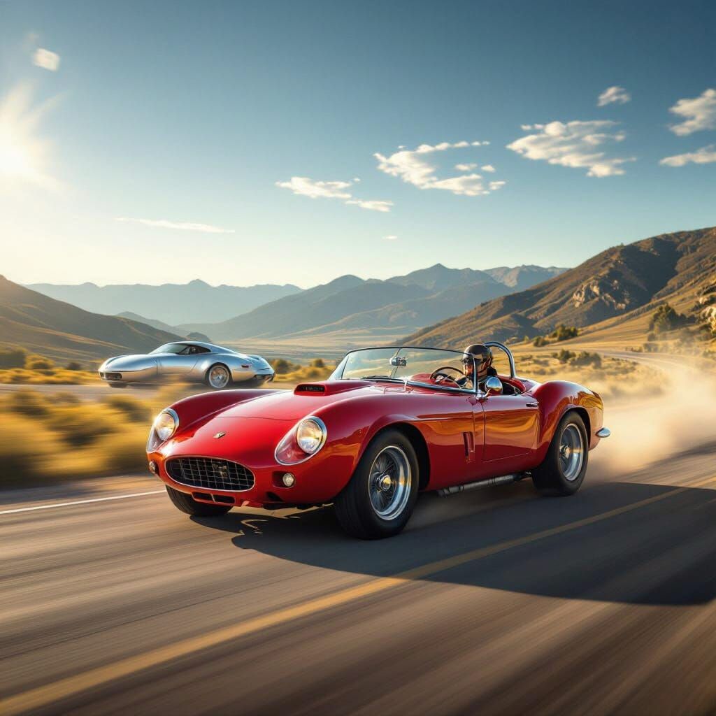 Gleaming Red Barchetta Speeds Through Blurred Landscape