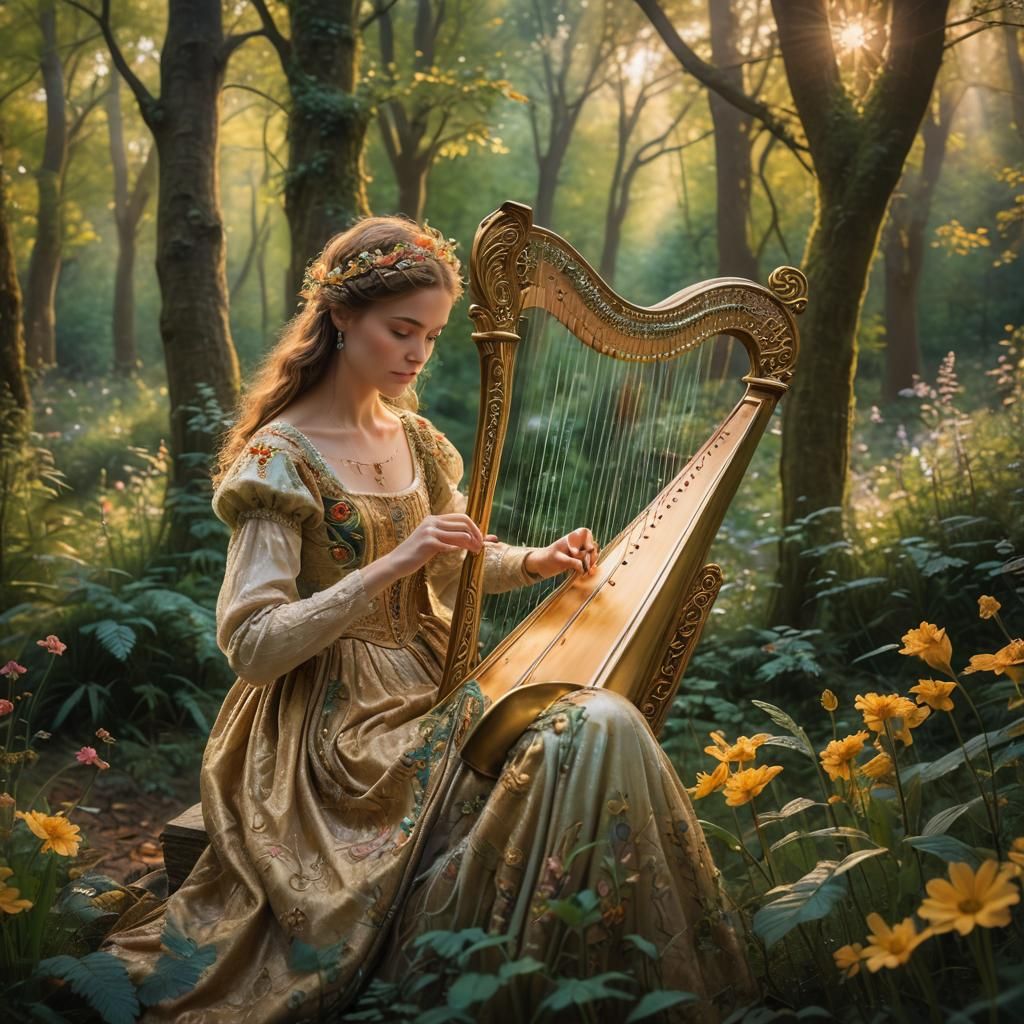 Enchanted Harpist in Forest Clearing, Impressionistic Style