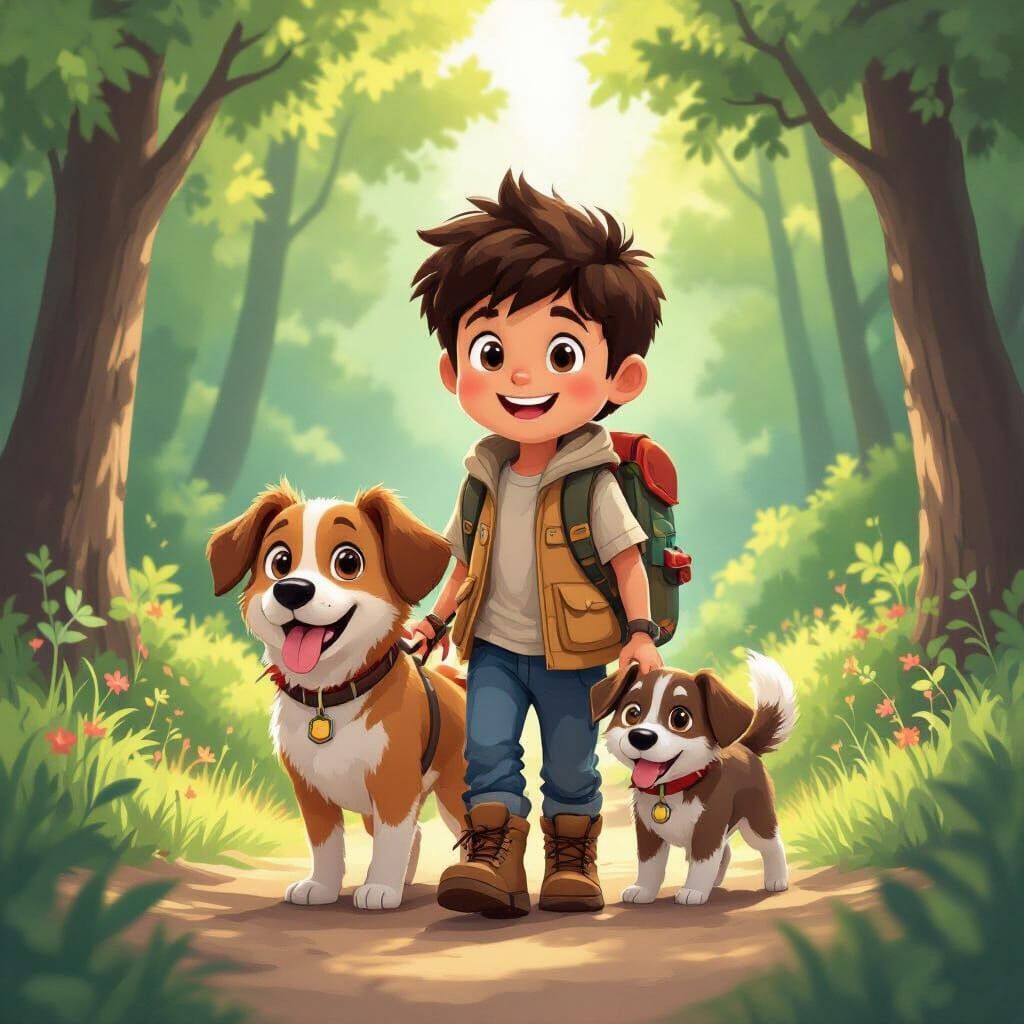 Boy and Dog Stroll Through Forest, Miyazaki Style