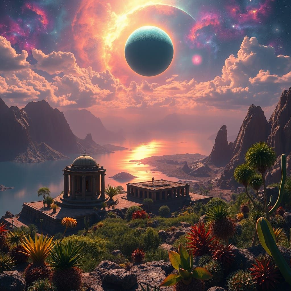Ancient Alien Ruins in Vibrant, Cosmic Landscape