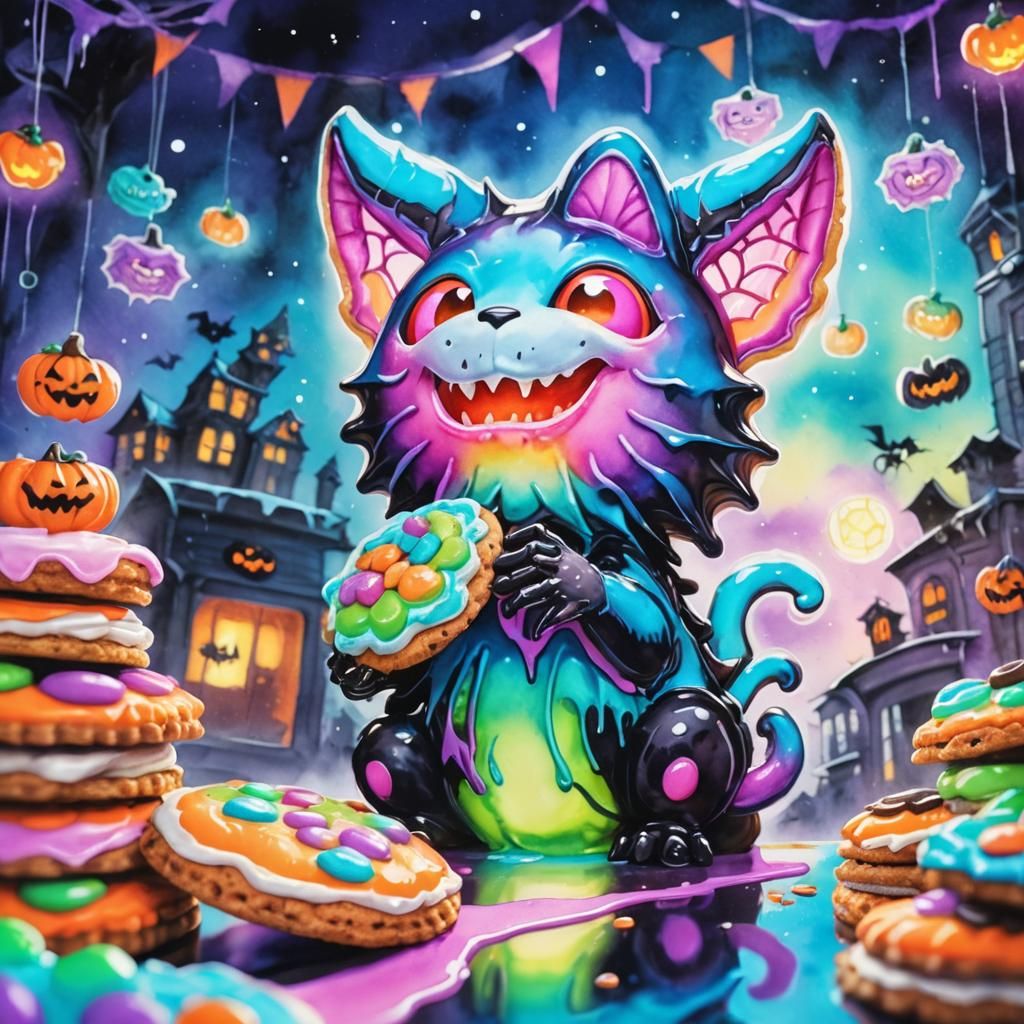 Cute Cookie Monster in Spooky Watercolor Style