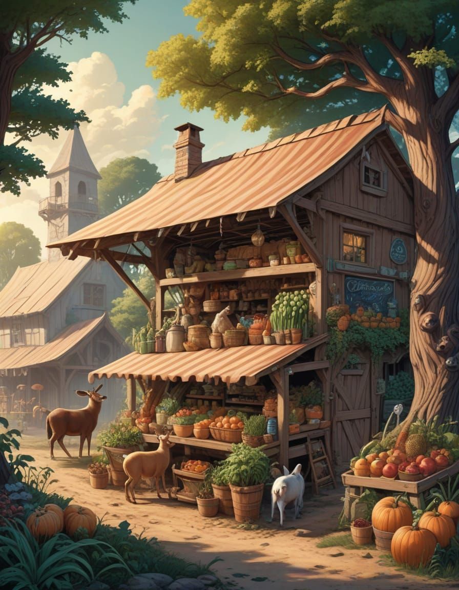 Fantasy Farm Stand with Animal Characters in Comic Art
