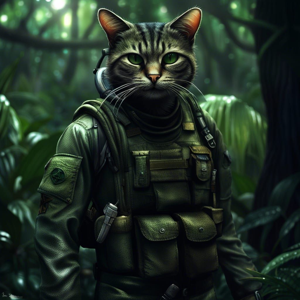 Hyperrealistic Cat Soldiers in Alien Jungle Basecamp