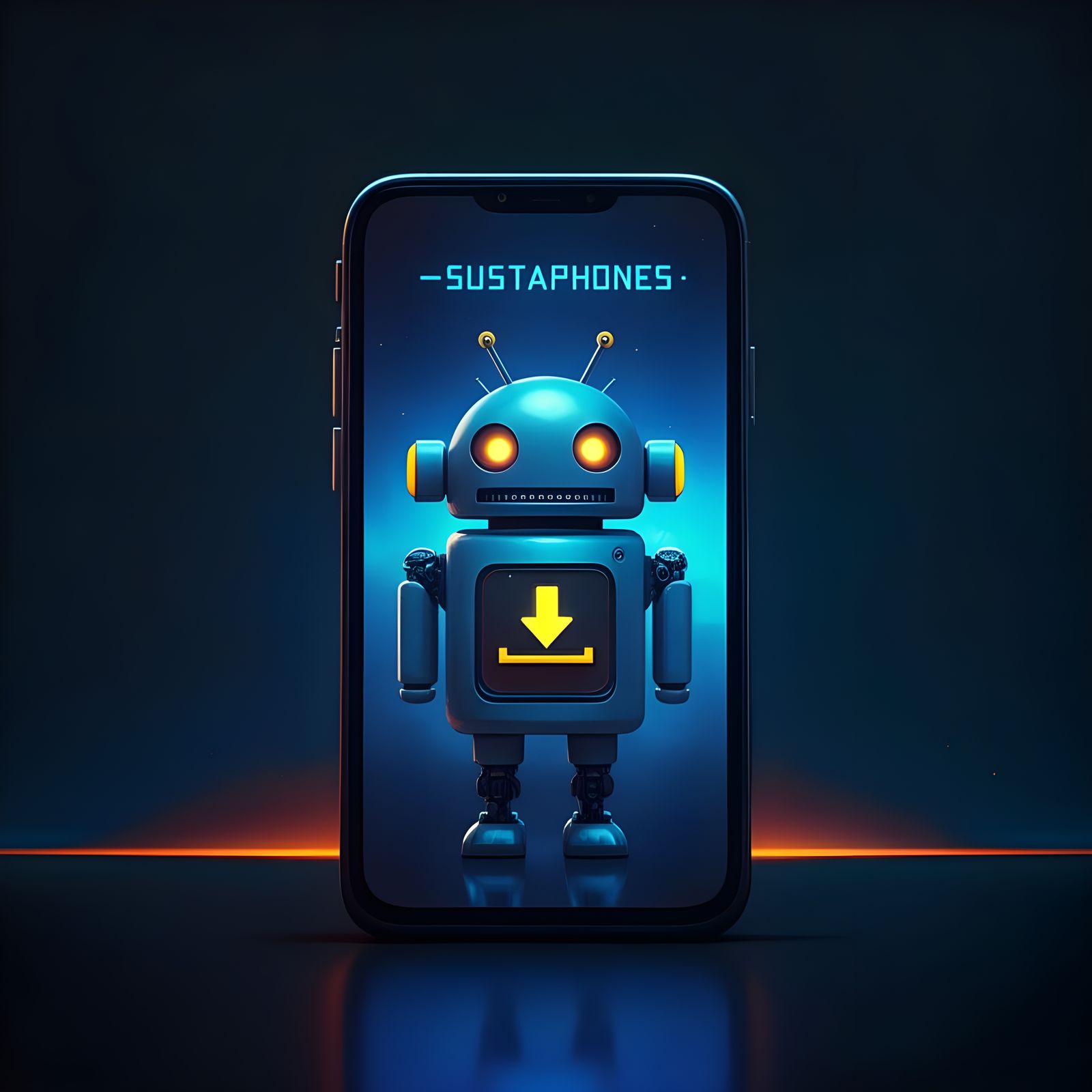 Android Bot in Cyberpunk Cyberspace with Download Button
