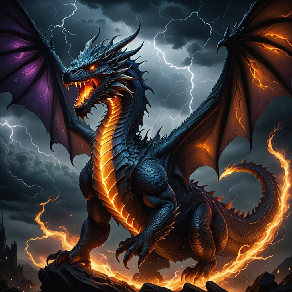 Epic Fantasy Dragon Soars Through Stormy Night Sky in Vibran...