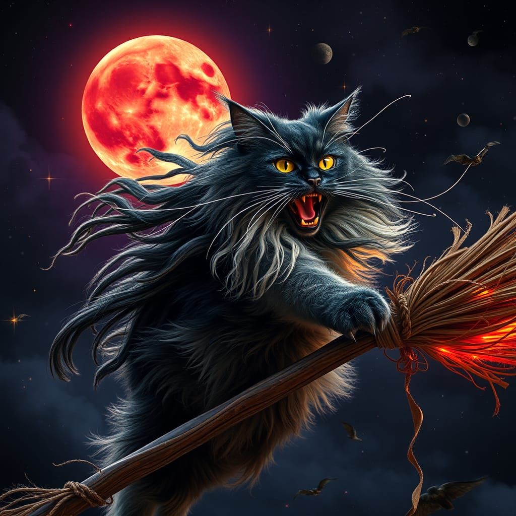 Witch Cat Rides Wind in Art Nouveau Style