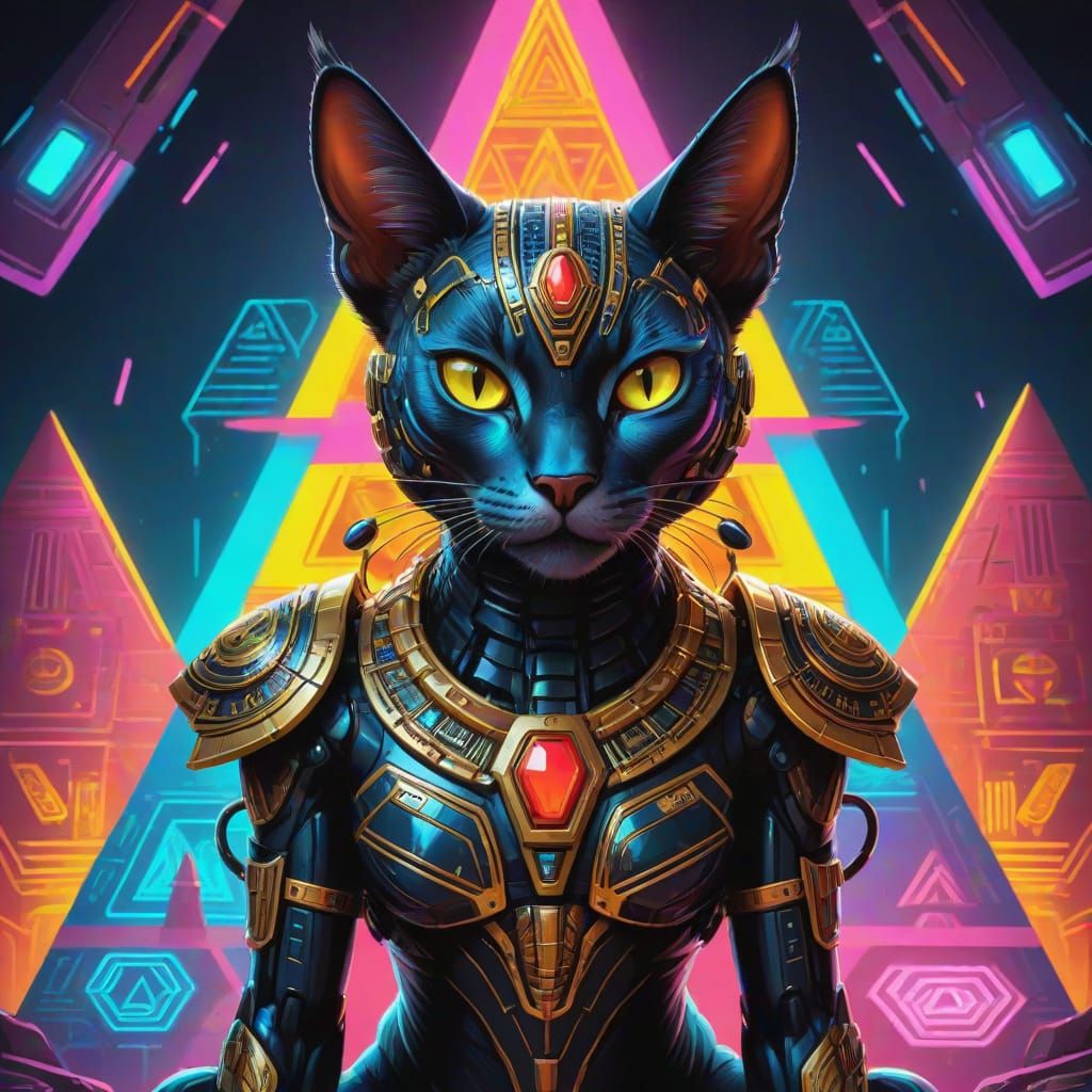 Cyberpunk Chausie Egyptian Cat Robot in Neon Hieroglyphic Py...