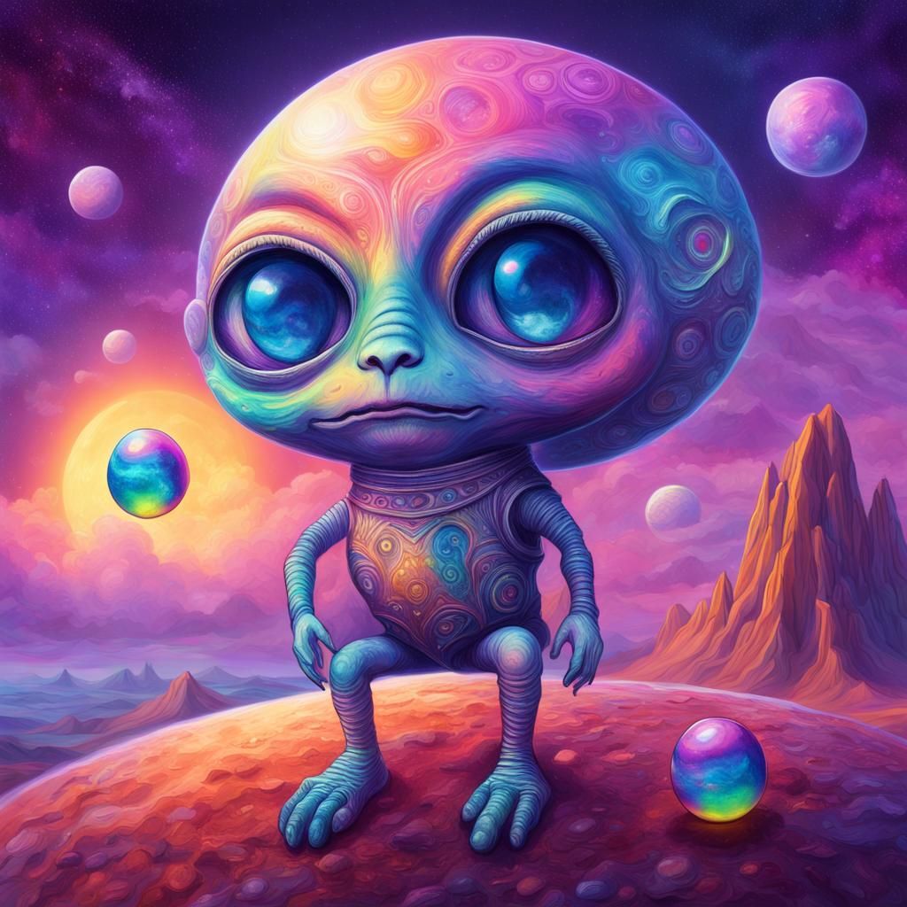 Iridescent Alien with Rainbow Sky, Astral Illustration