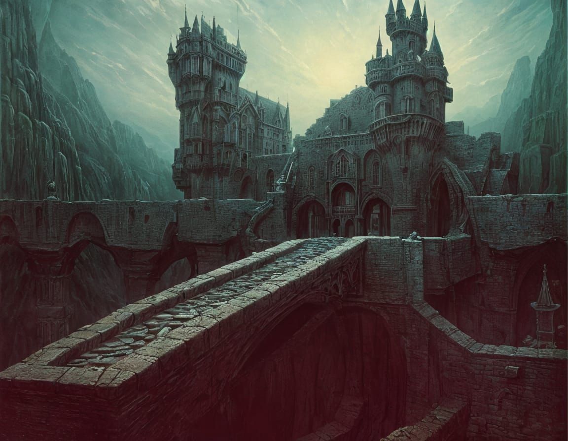 Surreal Castle with Moats: A Dark Fantasy Painting
