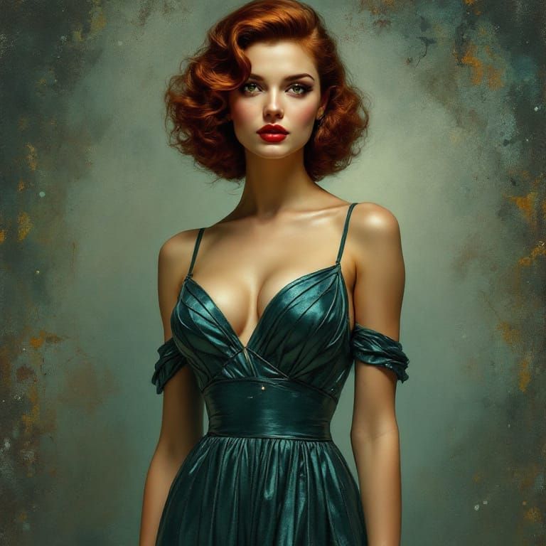 1940s Pin-Up Woman in Metallic Teal Dress