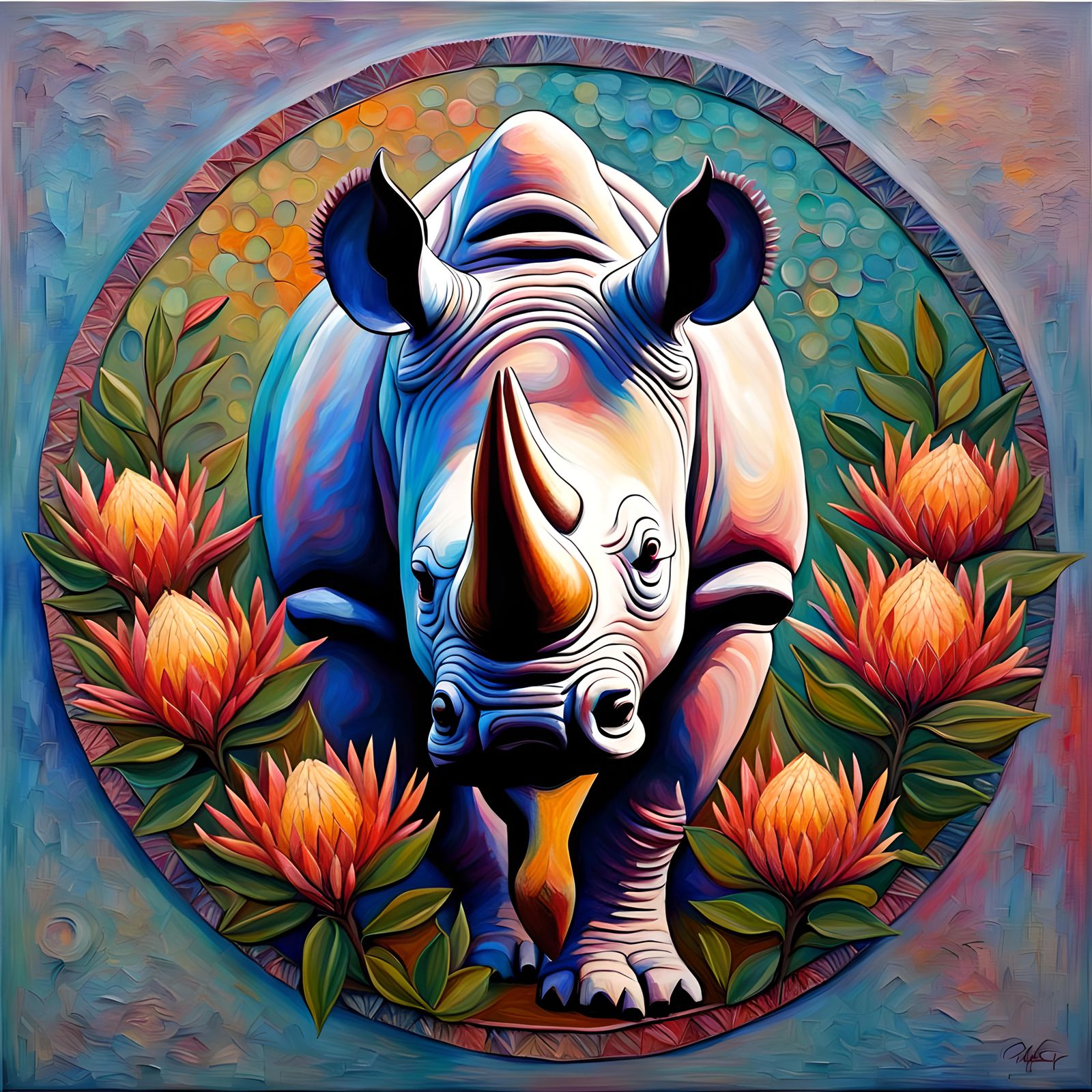 Rhino and Protea Mandala in Expressionist Style