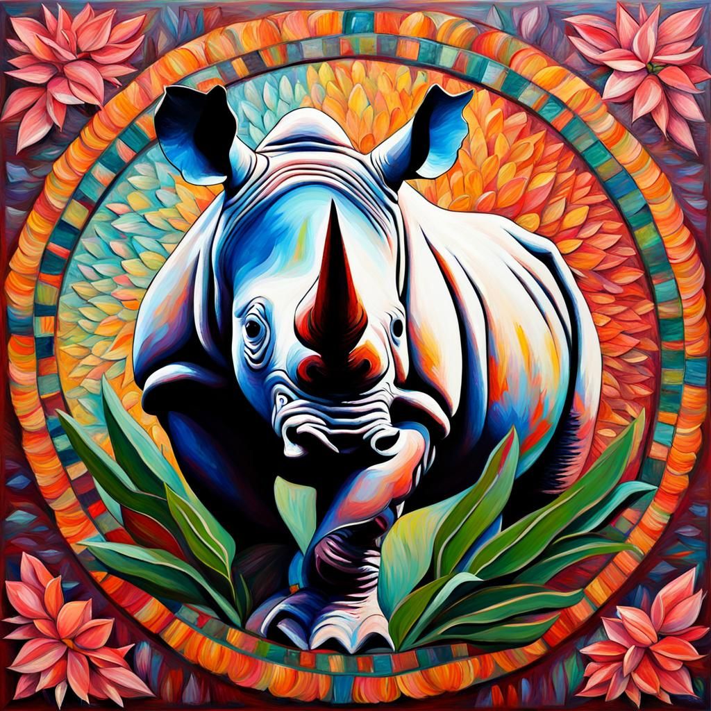 Rhino and Protea Mandala in Expressionist Oil
