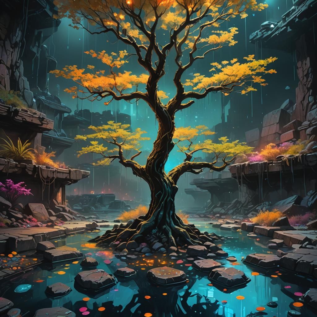 Glowing Tree in Fantasy Landscape, Oil Painting
