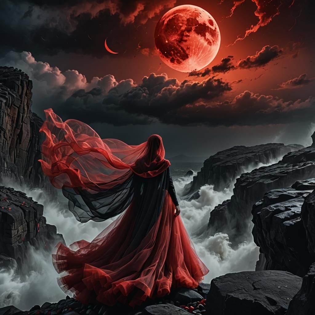 Ethereal Lady Under Red Moon in Epic Storm