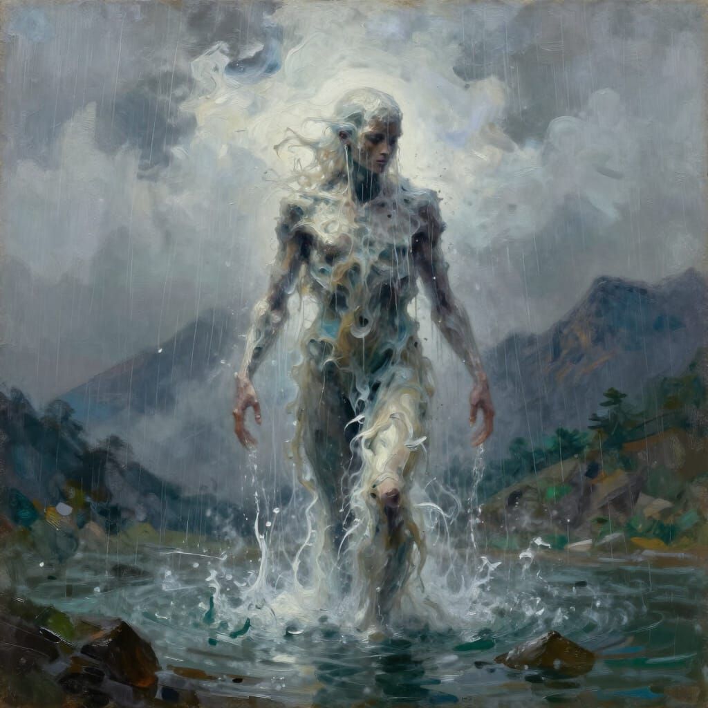 Androgynous Water Being Emerges from Stormy Sky