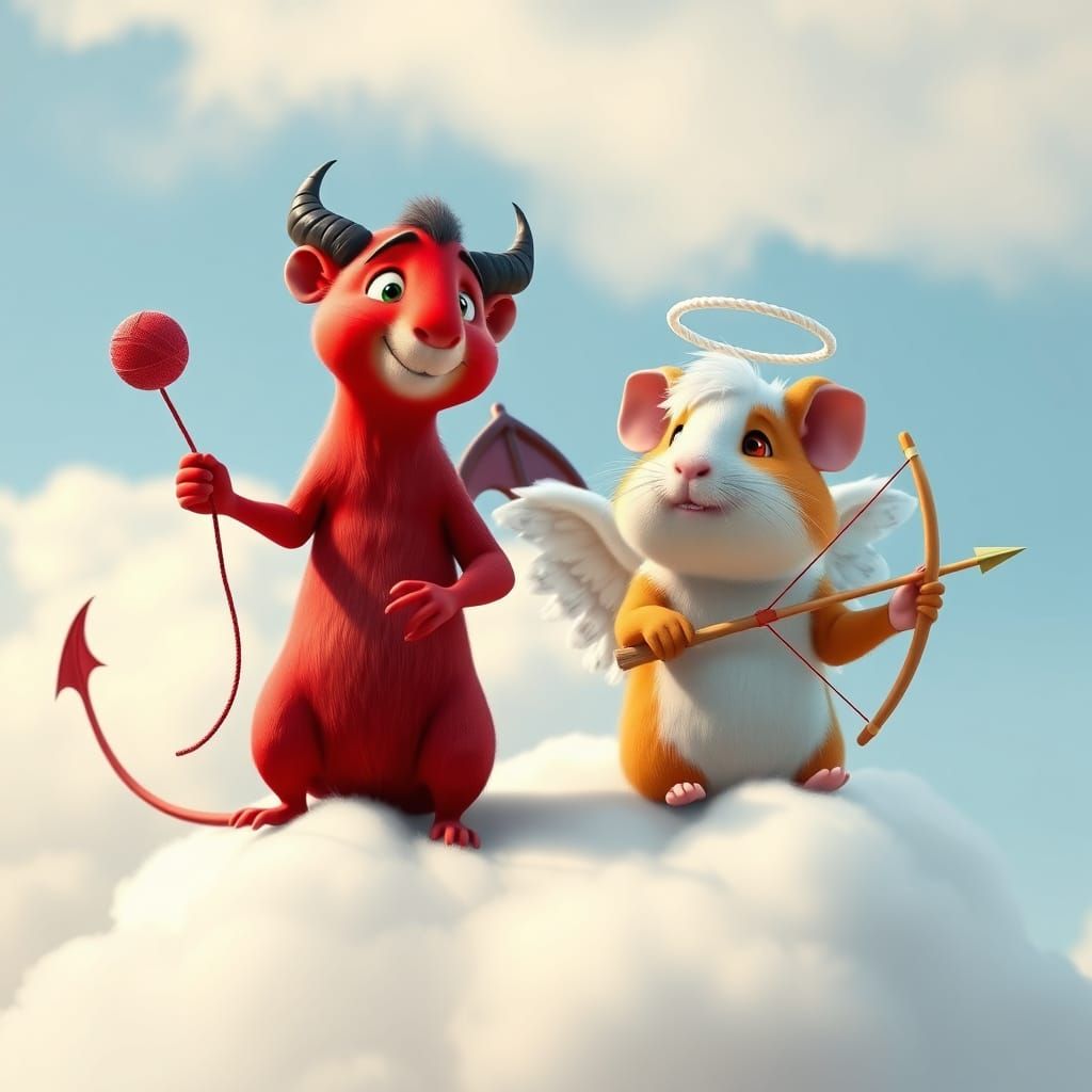 Red Devil Guinea Pig and Angel Guinea Pig Play on Clouds
