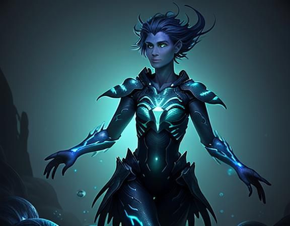 Female Amphipioid Leaping in Futuristic Ocean Cave