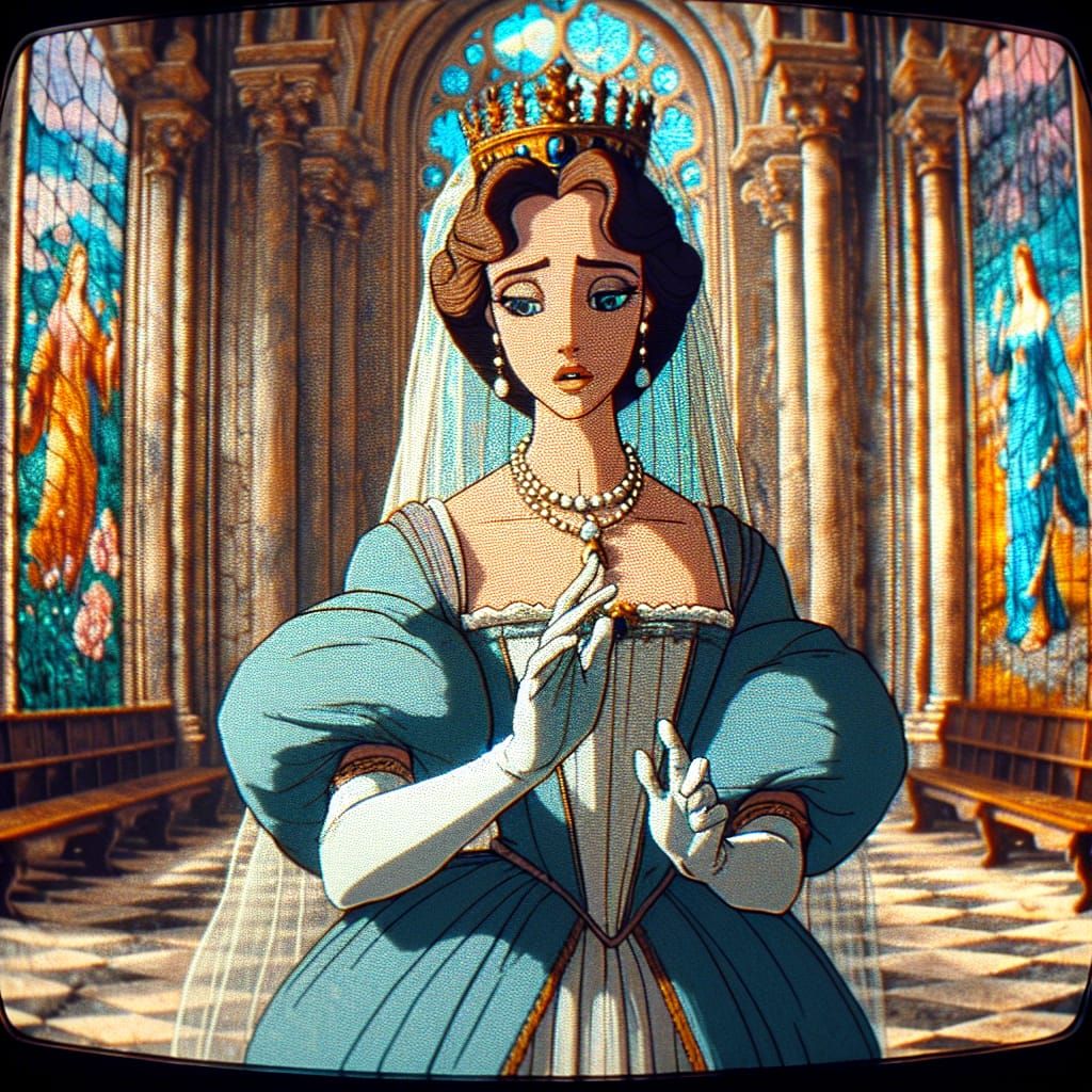 Regal Lady in a Somber Chapel, as Seen Through a Vintage CRT...
