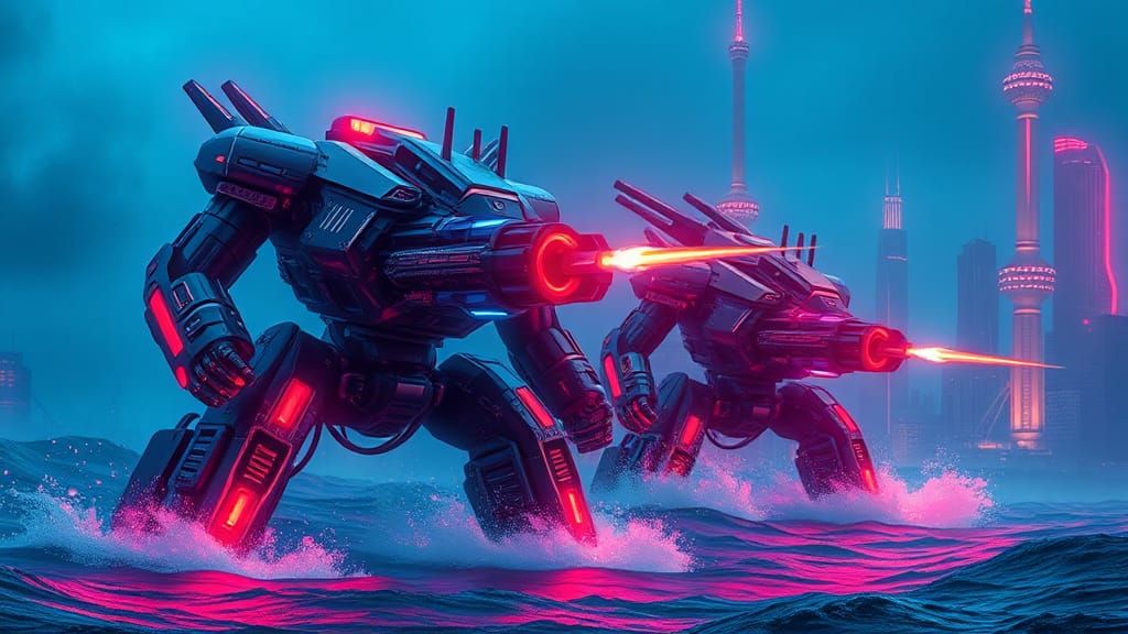 Mechas Versus Kaiju in Neon Cyberpunk Cityscape