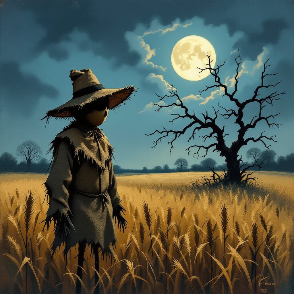Gothic Scarecrow in Moonlit Field with Skeletal Trees