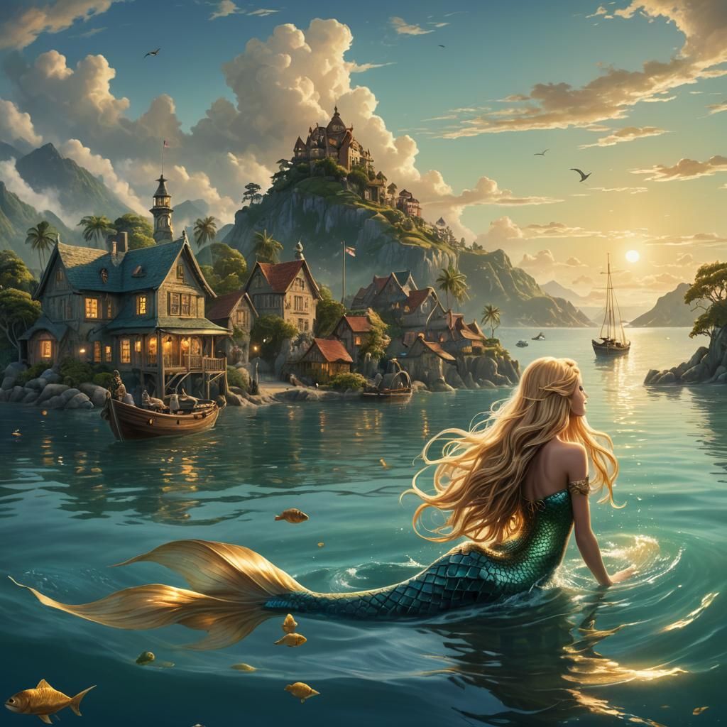 Golden Mermaid Swims Towards Island Village in Fantasy Art
