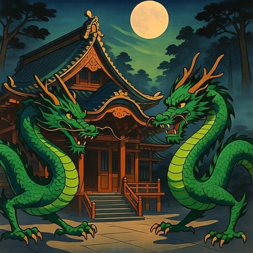 Japanese Temple Guarded by Emerald Dragons in Ukiyo-e Style