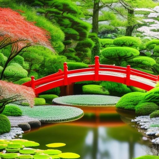 Japanese Tea Garden with Lily Pads and Bridge