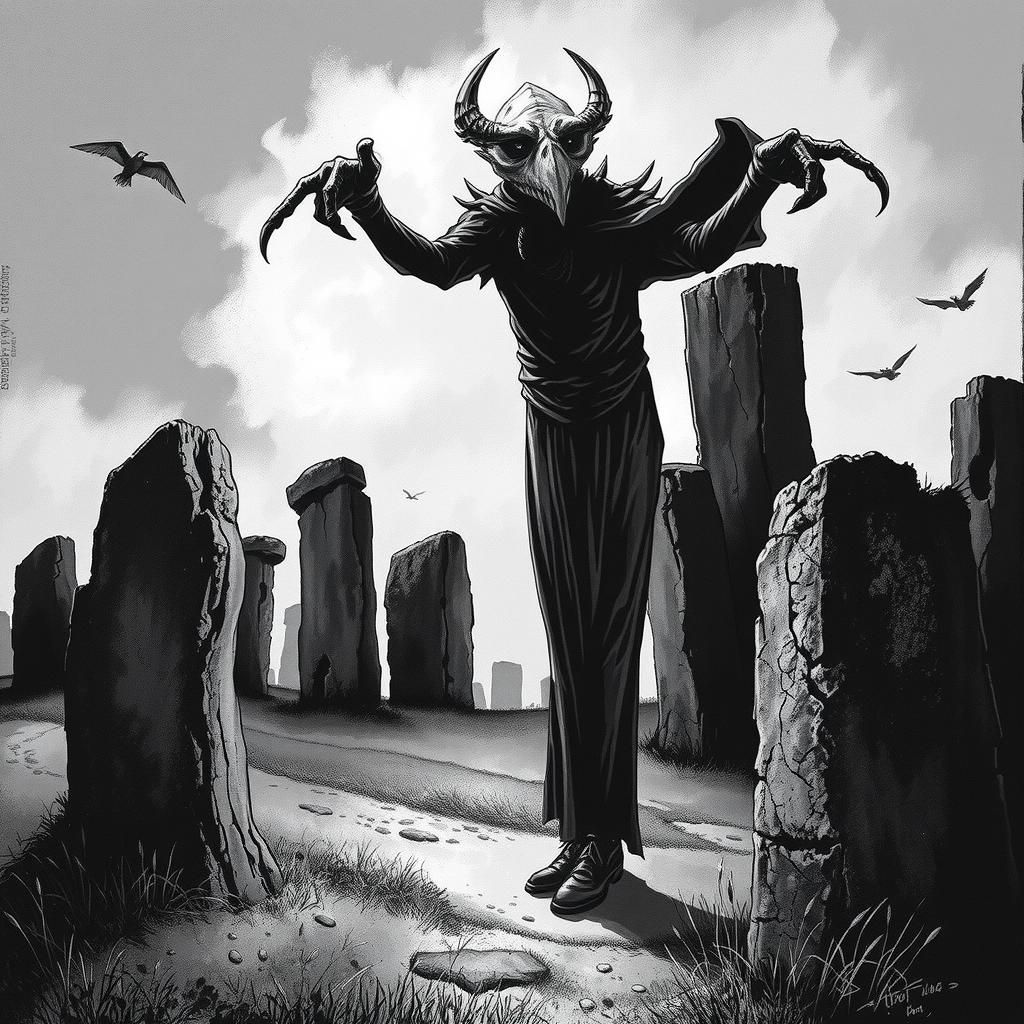 Banshee at Stonehenge in High Contrast Ink Wash