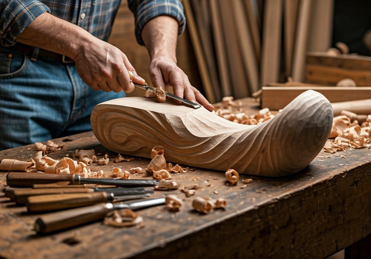 Woodcarver at Work: Mahogany Sculpture in Atelier