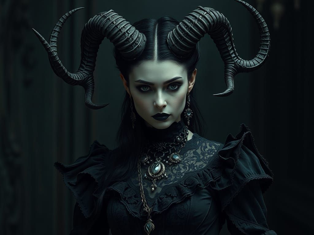 Gothic Woman with Demonic Horns in Dark Fantasy Style