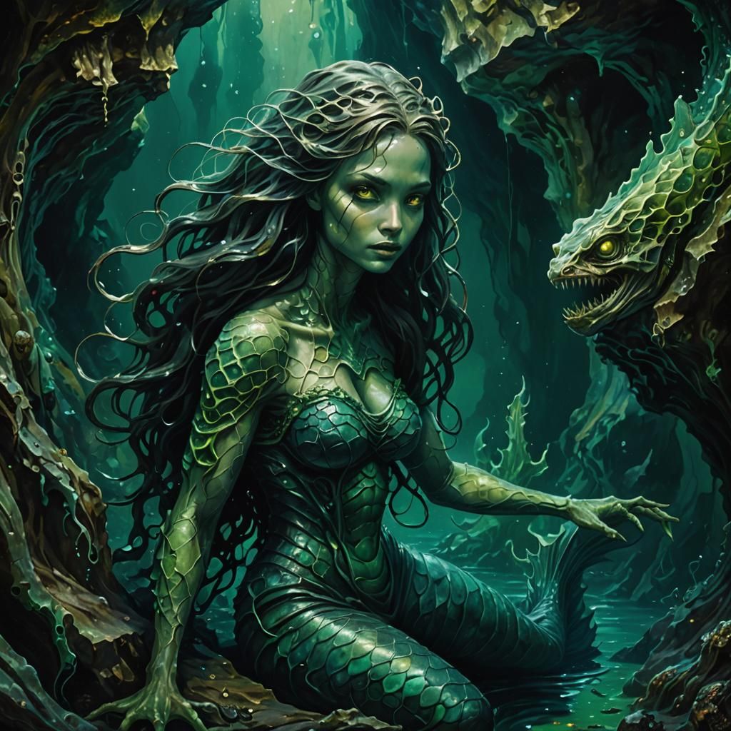 Biomechanical Mermaid in Dark Surreal Impasto Style