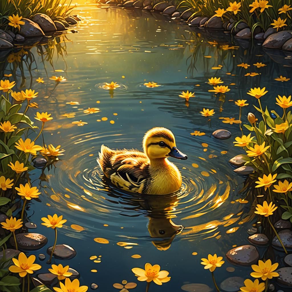 Enchanted Duckling in River at Sunset as Silhouette Art