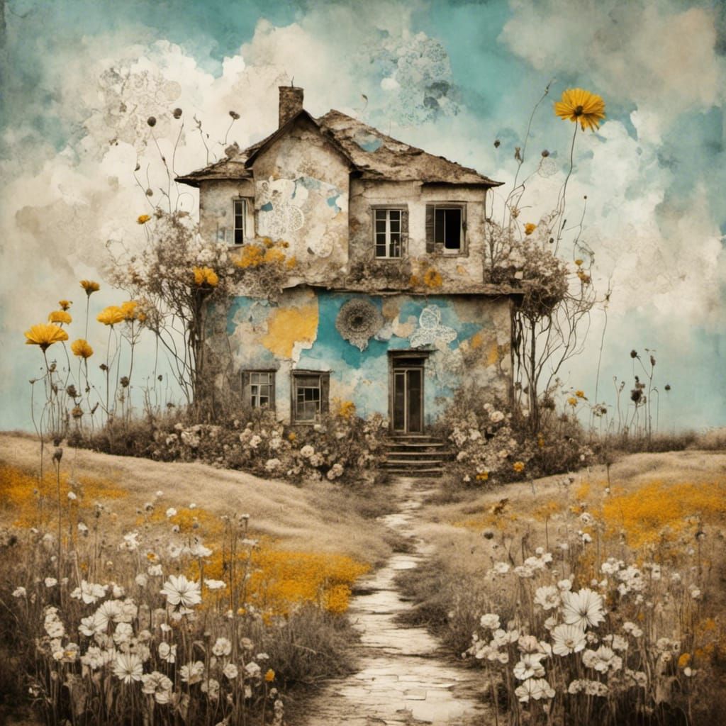 Abstract Farmhouse Landscape with Collage Elements