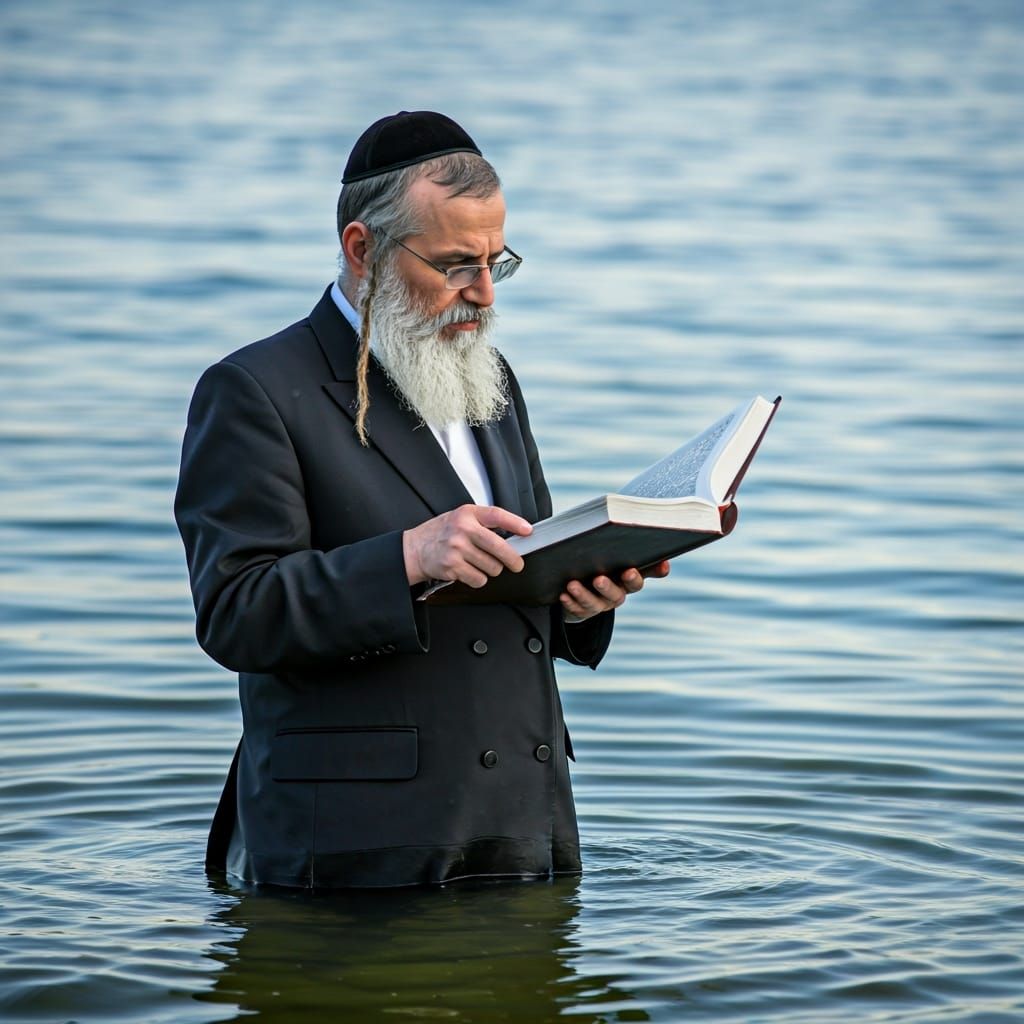 Hasidic Man Reads Book in Water: Professional Photography