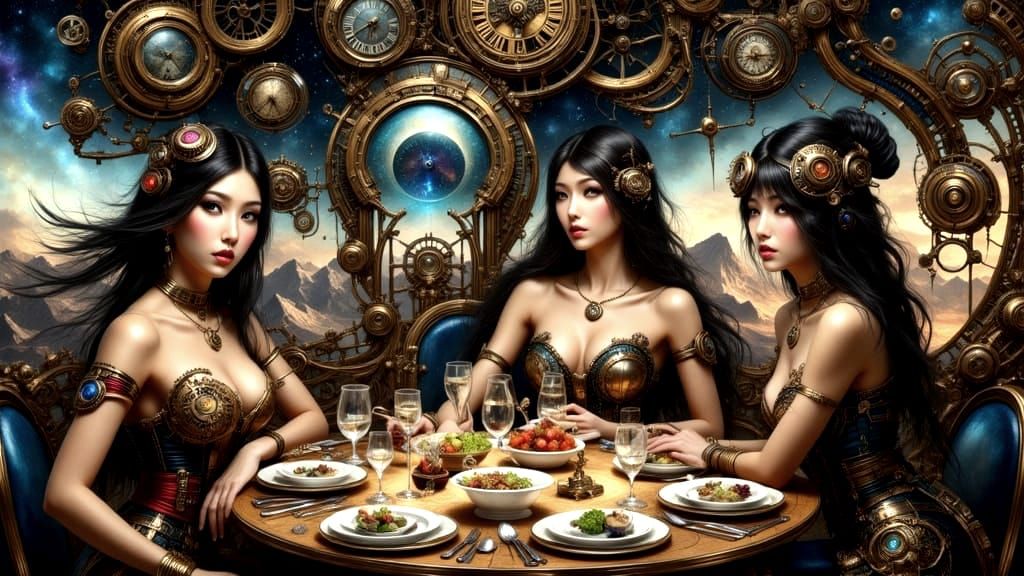 Steampunk Airship Dining with Women in Clockwork Attire