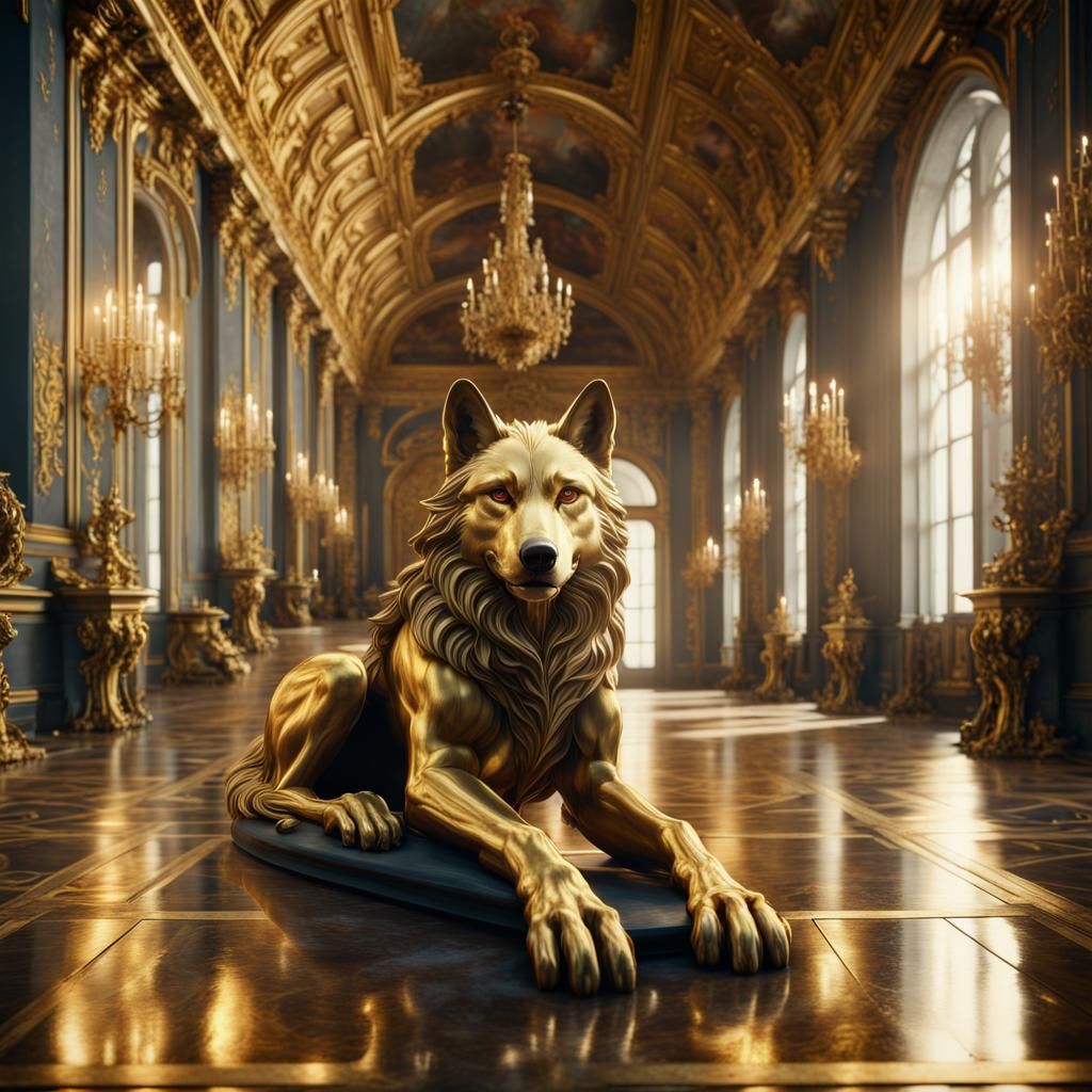 Golden Mechanical Wolf in Versailles: Detailed Matte Paintin...