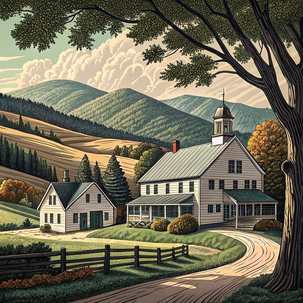 Historic Homestead in Classic New England Style Woodcut Art