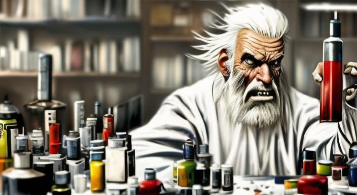 Grumpy Mad Scientist in Laboratory, Detailed 8K Image